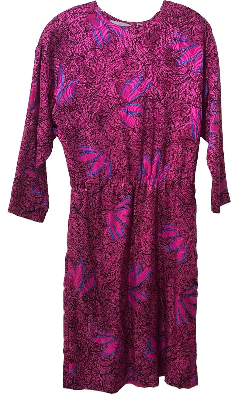 Vintage Adrianna Papell 100% Silk Pink Abstract Print Midi Dress Size 4 Slit